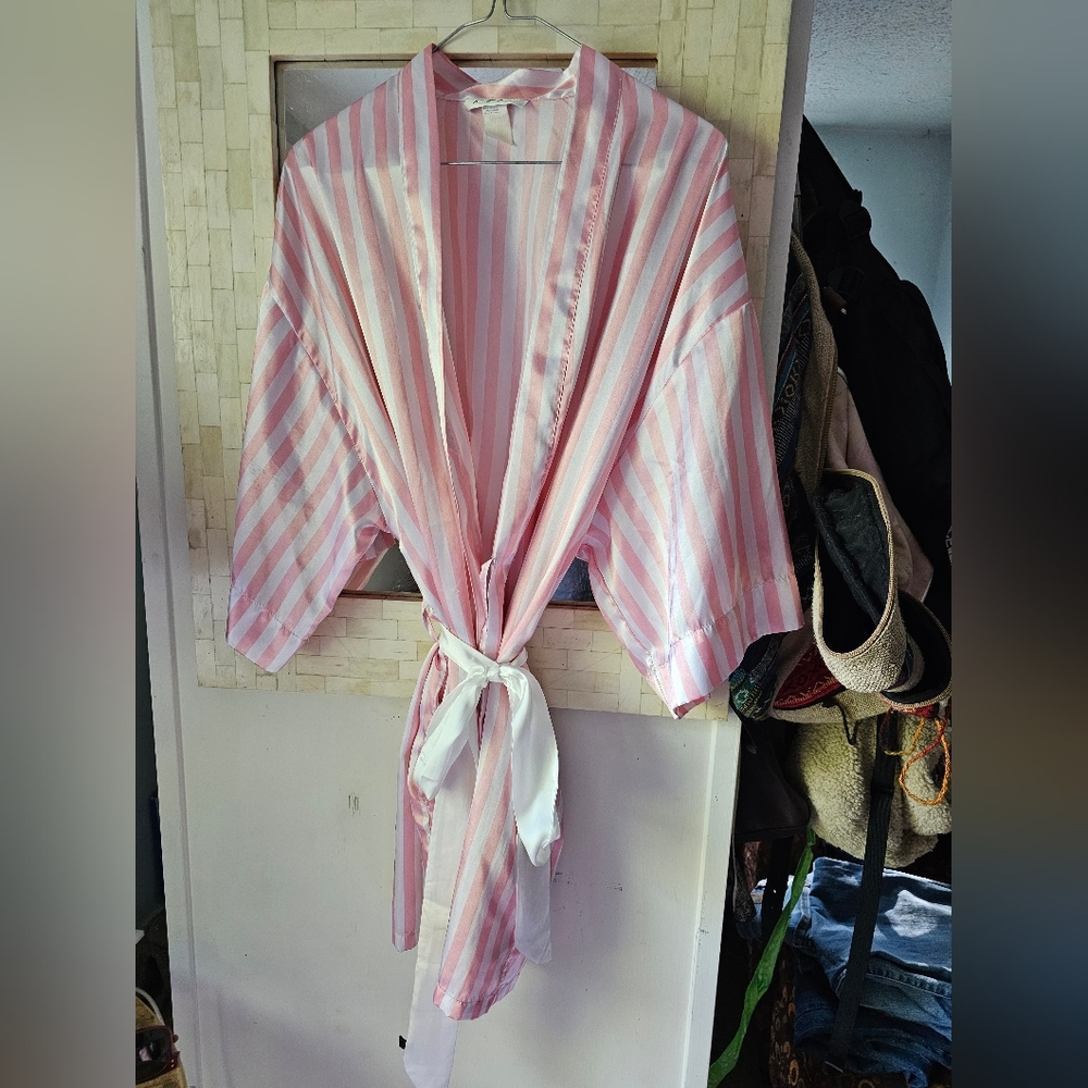 Silky, pink and white striped robe